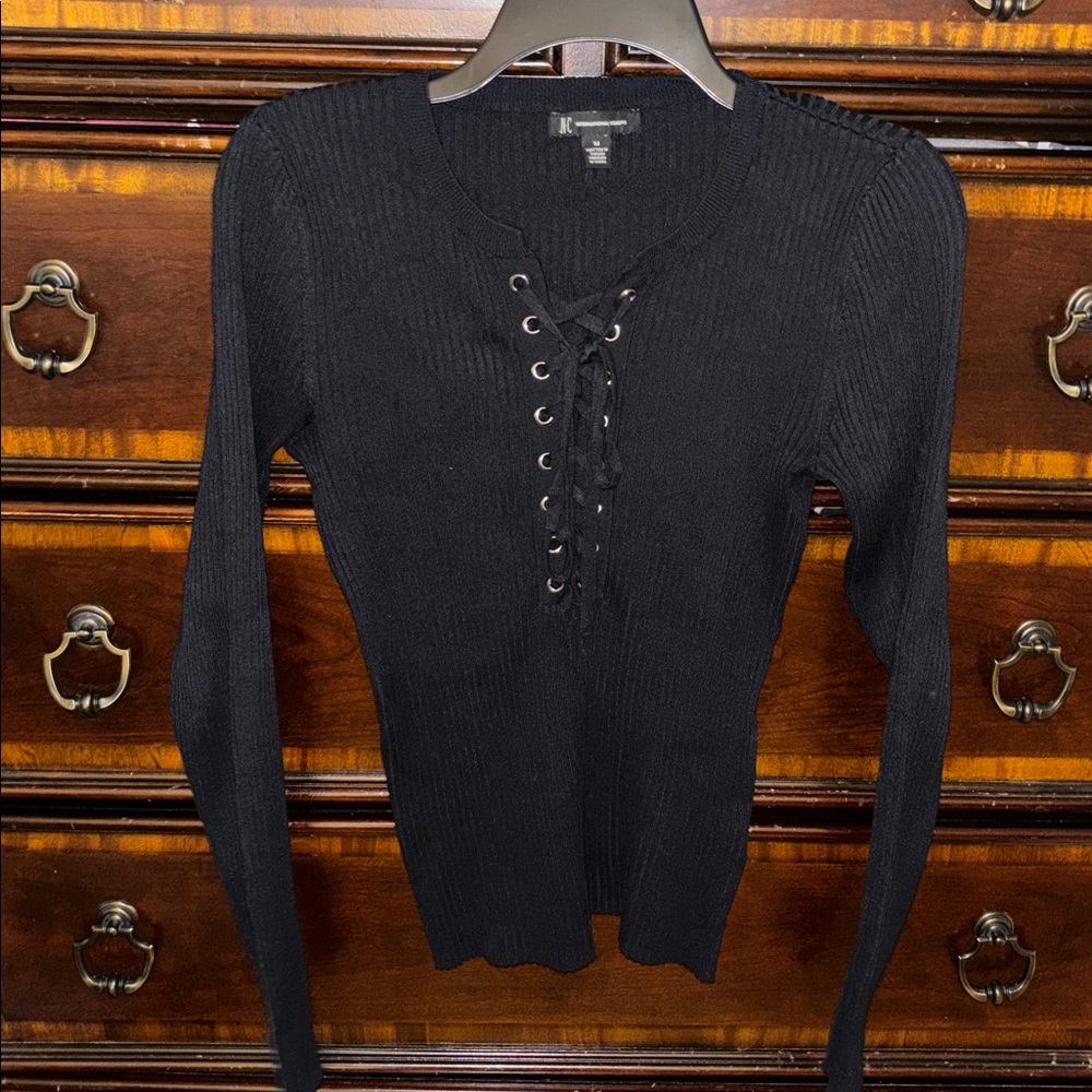 Black Lace-Up Ribbed Sweater Top NWOT